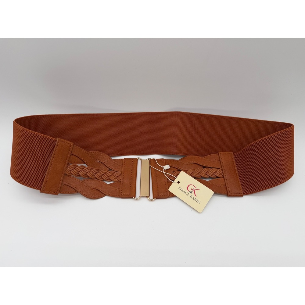 Grace Karin Women Brown Wide Elastic Cinch Belt Braided Faux Leather XXL NWT